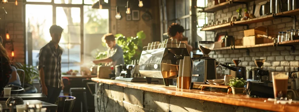 a sleek urban café setting filled with aspiring baristas actively engaged in a vibrant training workshop, showcasing espresso machines, frothing pitchers, and collaborative teamwork around a polished wooden counter.