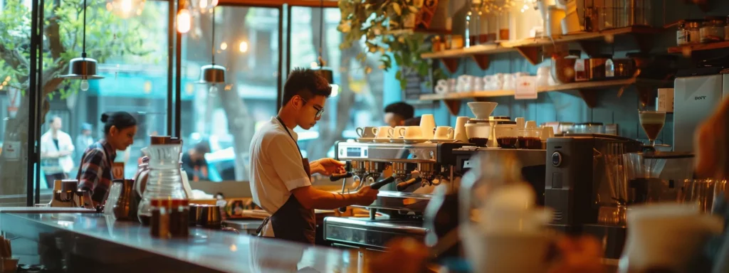 a vibrant café interior showcases a focused barista expertly operating an espresso machine, surrounded by customers enjoying meticulously crafted latte macchiatos, all set against a backdrop of polished countertops and warm, inviting lighting.