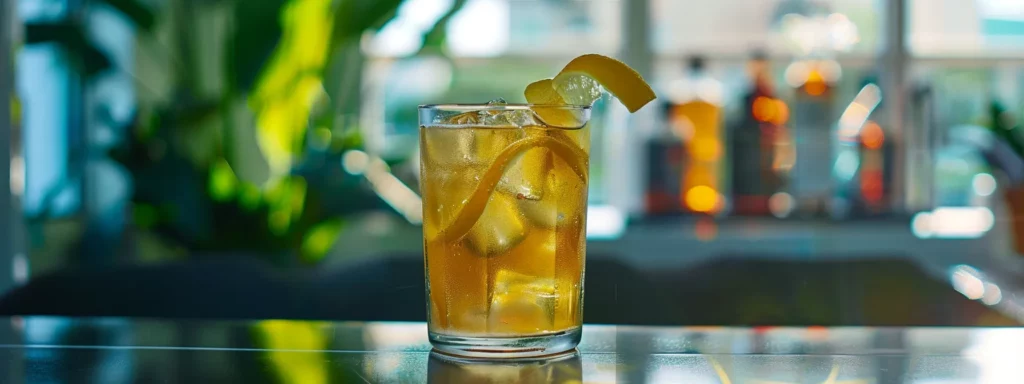 a refreshing glass of green iced tea, adorned with a vibrant lemon twist, sits on a sleek office desk surrounded by modern technology, capturing the essence of a revitalizing beverage choice for busy professionals.