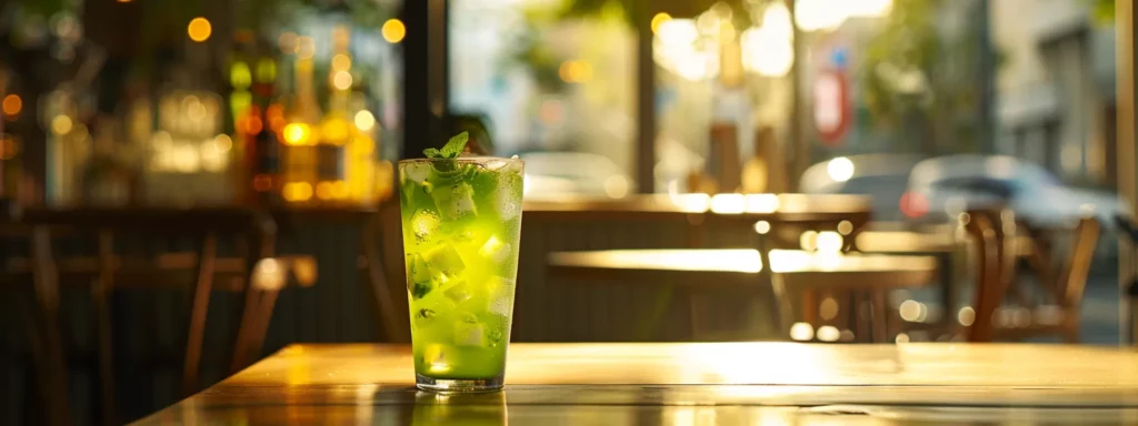 a sleek, modern cafe interior showcases a glass of vibrant green iced tea on a minimalist wooden table, illuminated by soft, ambient lighting, with vibrant beverage comparisons in the background, highlighting its refreshing energy and nutritional benefits.