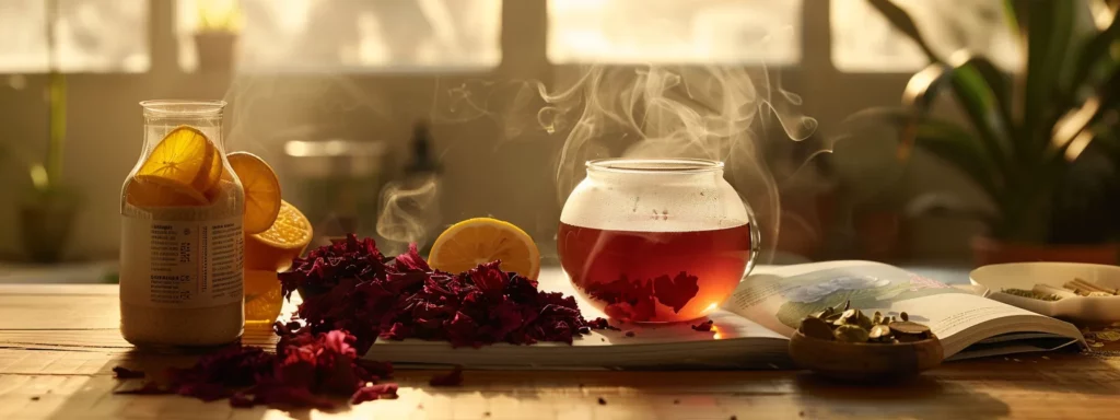 a sleek, modern kitchen counter displaying a steaming cup of deep red hibiscus tea alongside vibrant ingredients like dried hibiscus flowers and fresh citrus, with a health-focused cookbook open to a page on heart wellness, bathed in warm artificial lighting.
