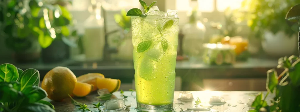 a sleek, modern kitchen countertop showcases a tall glass of vibrant green iced tea, with condensation glistening on the glass, surrounded by fresh ingredients and a minimalist backdrop that emphasizes the drink's refreshing and healthful qualities.