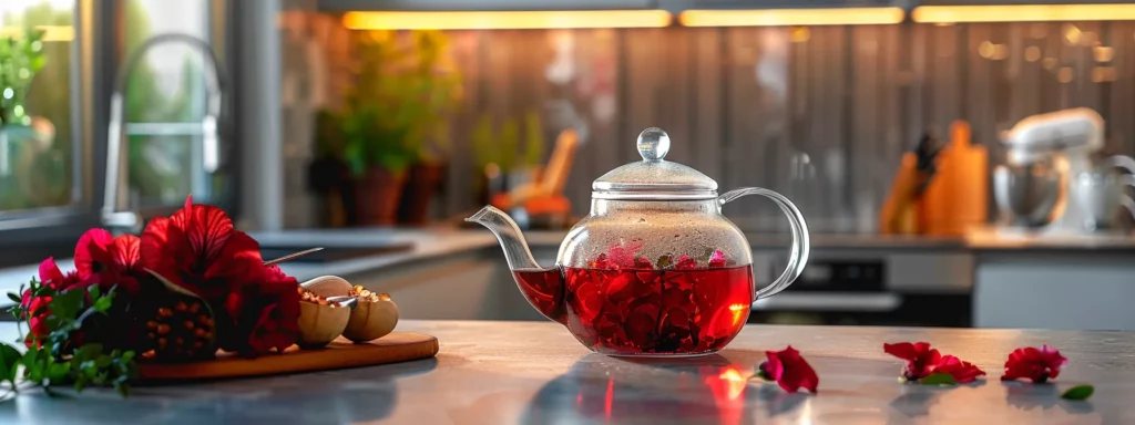 a sleek, modern kitchen countertop displays a vibrant glass teapot filled with deep red hibiscus tea, surrounded by fresh hibiscus flowers and a balanced array of healthy food items, emphasizing a lifestyle of weight management and wellness.
