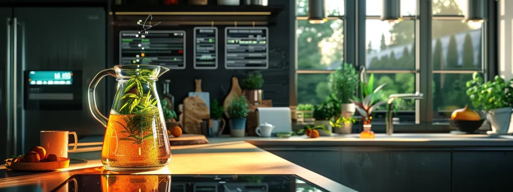 a sleek, modern kitchen countertop features a glistening glass pitcher of vibrant kombucha, surrounded by dynamic infographics highlighting its health benefits and comparisons to other fermented drinks, all illuminated by soft, inviting indoor lighting.