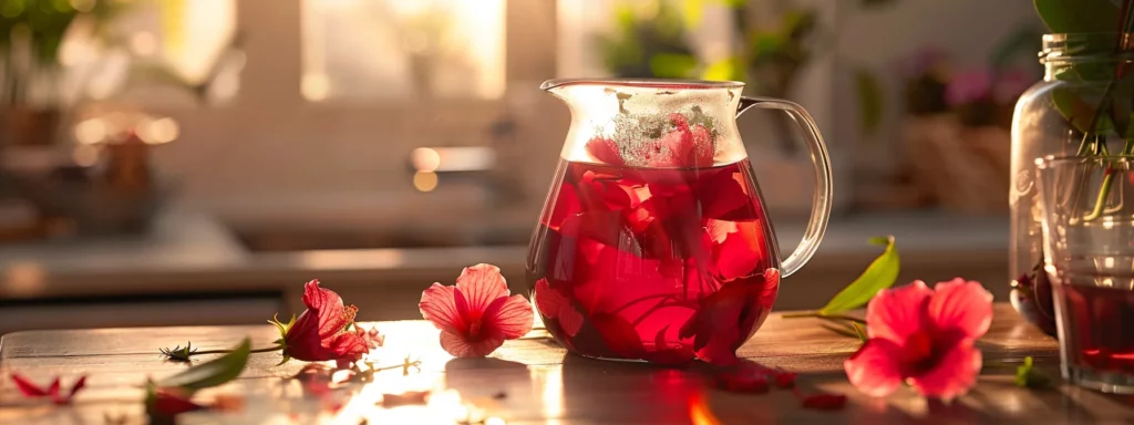 a sleek, modern kitchen countertop showcases a vibrant hibiscus tea infusion in a clear glass pitcher, surrounded by colorful tea leaves and fresh hibiscus flowers, highlighting the aesthetic appeal and health benefits of the beverage.