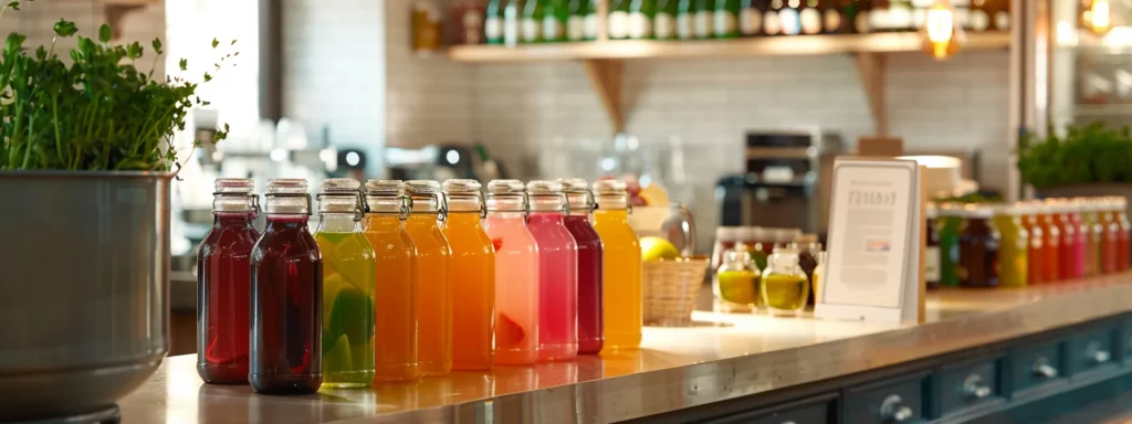 a sleek, modern kitchen countertop features an array of colorful kombucha bottles, with a prominently displayed informational pamphlet highlighting health considerations and safety tips for consumers.
