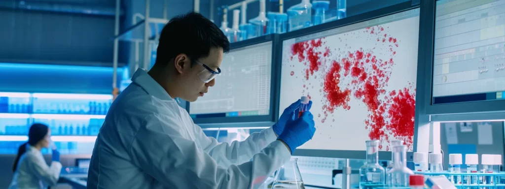 a sleek, modern laboratory filled with sophisticated equipment showcases a researcher passionately examining vibrant red hibiscus tea, symbolizing its potential anti-cancer properties amidst scientific data and charts on a digital screen.