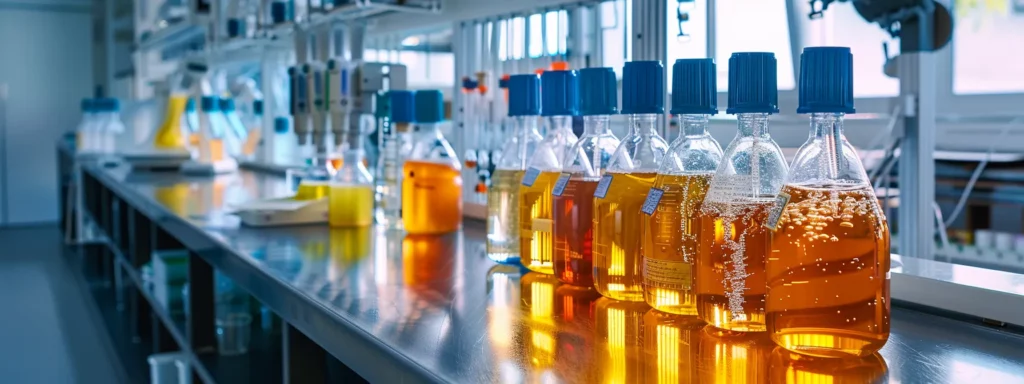 a sleek, modern laboratory filled with high-tech equipment, showcasing vibrant glass flasks of kombucha in various stages of fermentation, under bright fluorescent lighting, emphasizing the scientific exploration of its health benefits.