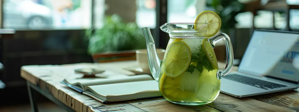 a sleek, modern office breakroom features a glass pitcher of vibrant green iced tea, elegantly garnished with lemon slices, set on a minimalist wooden table beside a notepad and a digital device, highlighting the beverage's refreshing and health-conscious appeal.