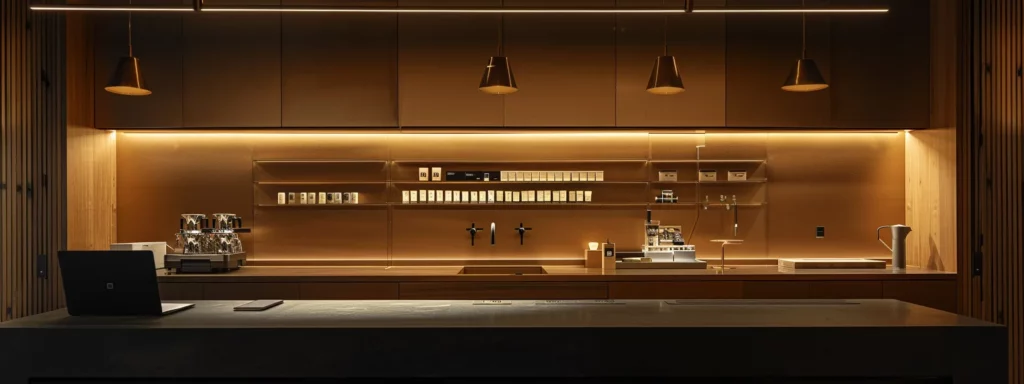 a sleek, modern office desk set against a minimalist backdrop, featuring an open laptop displaying a detailed list of turkish coffee titles alongside tasting notes, illuminated by warm, focused overhead lighting for an inviting yet professional atmosphere.