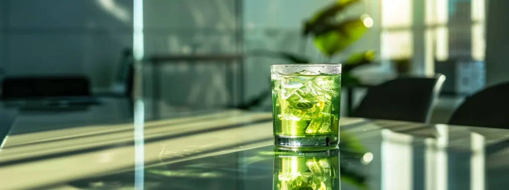 a sleek, modern office setting features a clear glass of green iced tea on a polished desk, casting reflections in bright artificial light, embodying a refreshing boost of energy and clarity in a professional atmosphere.