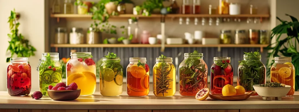 a vibrant, elegantly arranged kitchen counter features a variety of beautifully styled kombucha jars, each showcasing a different flavor, with colorful fruit and herbs artfully displayed around them, creating an enticing atmosphere that highlights the health benefits of this unique tea.