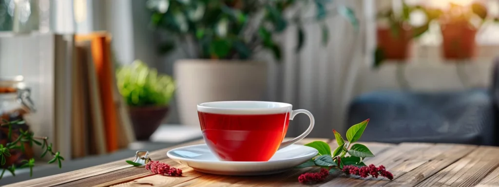a vibrant, elegantly arranged teacup of hibiscus tea sits on a sleek, modern wooden desk, surrounded by wellness books and infused herbal ingredients, highlighting the theme of immunity enhancement through mindful rituals.