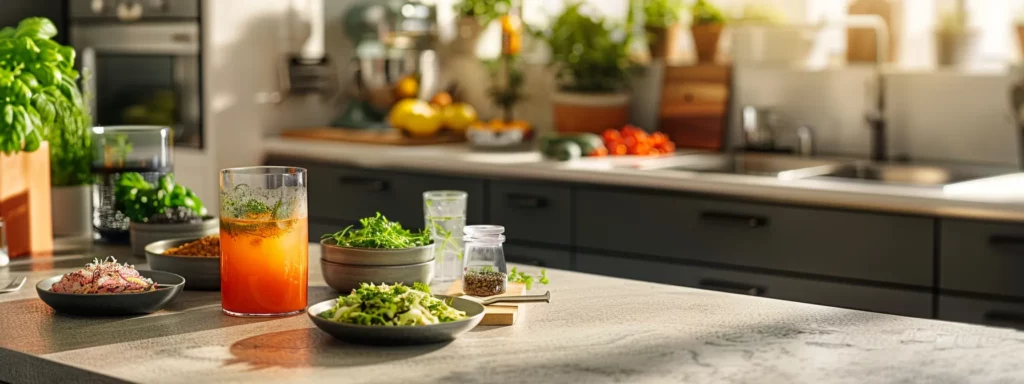 a vibrant, modern kitchen scene showcases an elegant glass of kombucha beside colorful bowls of sauerkraut and nutrient-rich foods on a polished countertop, emphasizing a health-conscious lifestyle.
