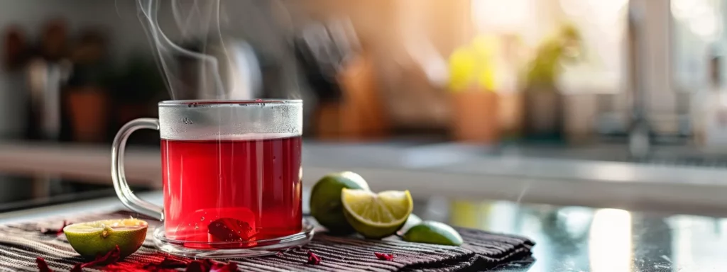 a vibrant, modern kitchen setting showcases a steaming cup of deep red hibiscus tea beside a fresh lime, emphasizing the beverage's role in supporting liver health through its rich vitamin content and detox benefits.