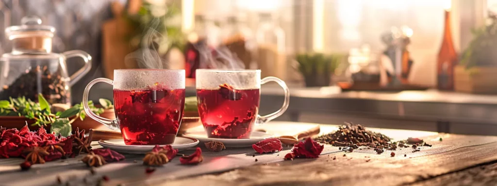 a vibrant scene in a modern kitchen showcases steaming cups of deep crimson hibiscus tea beside a sleek glass of rooibos, with vivid spices and fresh ingredients artfully arranged in the background, emphasizing the health benefits of antioxidants.