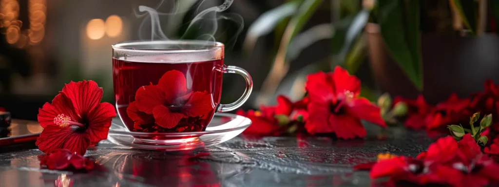 a vibrant, steaming cup of hibiscus tea sits elegantly on a sleek office desk, surrounded by radiant red petals and a sophisticated backdrop of modern urban decor, highlighting its health benefits.