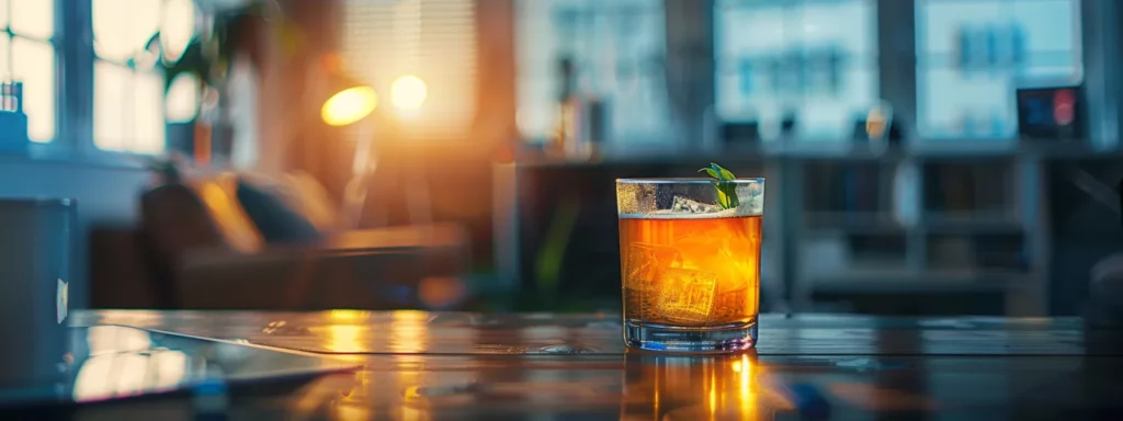 a vibrant, stylish glass of kombucha tea sits prominently on a sleek, modern office desk, illuminated by warm ambient lighting, symbolizing a blend of wellness and productivity in a contemporary workspace.