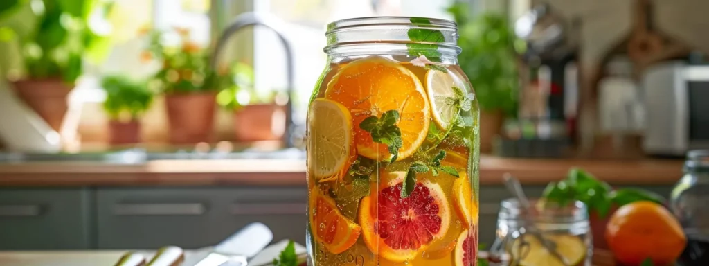 a visually appealing close-up of a glass jar filled with vibrant kombucha tea, showcasing its effervescent bubbles and colorful ingredients like sliced fruits and herbs, set against a modern kitchen backdrop with sleek utensils and a podcast microphone subtly in view, creating an inviting atmosphere for health enthusiasts.