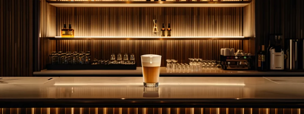 a beautifully arranged bar counter showcases a flawlessly crafted irish coffee in a warm glass, with layers of rich coffee, smooth irish whiskey, and a delicate crown of frothy cream, illuminated by soft, ambient lighting that highlights the drink's inviting textures and colors.