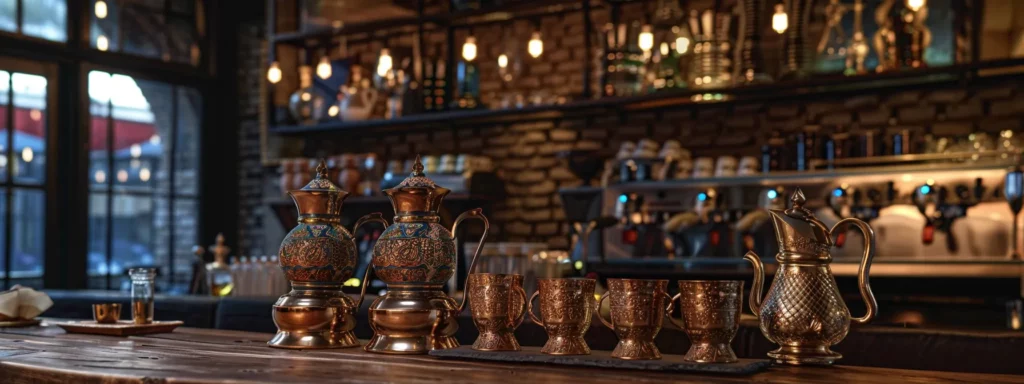 a beautifully arranged traditional turkish coffee set, complete with intricately designed cups and a gleaming copper cezve, situated on a dark wooden table against a backdrop of an elegantly styled urban cafe, illuminated by soft warm lighting that enhances the rich colors of the coffee and the craftsmanship of the ceramics.