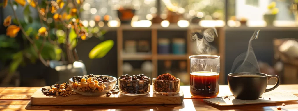 a beautifully styled coffee tasting setup featuring a steaming cup of hawaii kona coffee, alongside elegant tasting notes and a selection of gourmet food pairings, set against a polished wooden table under soft, ambient indoor lighting.