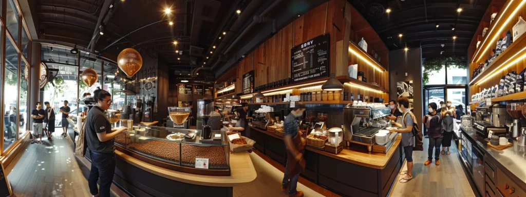 a bustling urban coffee shop interior showcases a sleek counter lined with premium coffee bean bags and artisanal coffee equipment, while baristas expertly brew high-rated espressos, emphasizing the allure of elite coffee culture.