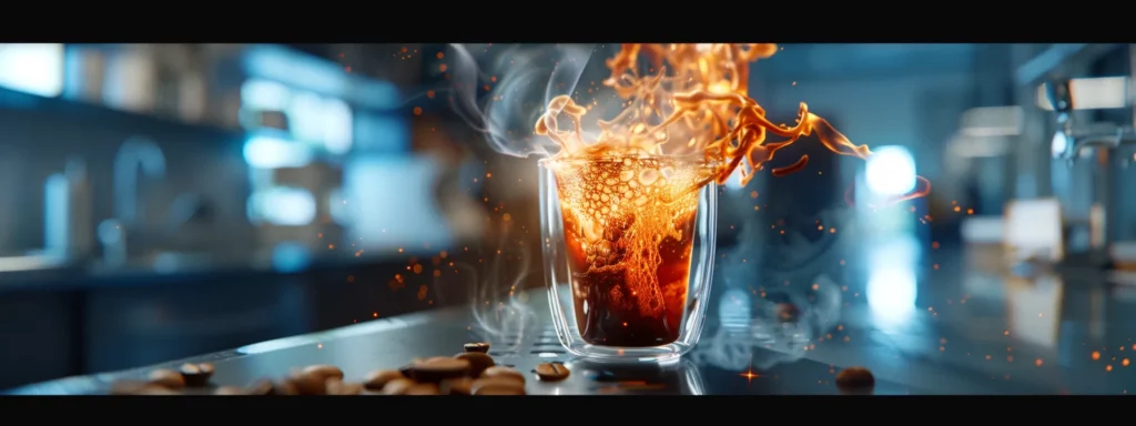 a close-up shot of a steaming coffee cup in a modern office environment, with vibrant brown swirls of espresso and rich crema reflecting light, conveying the energy and focus brought by caffeine.