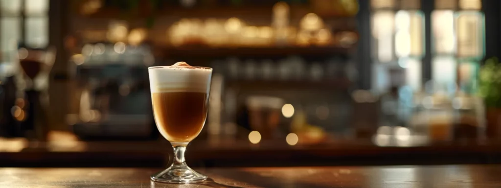 a close-up shot of a beautifully crafted glass of irish coffee, showcasing perfectly layered cream atop rich, dark coffee, set against a sleek urban kitchen backdrop, capturing the essence of artisanal coffee-making with an emphasis on precision and elegance.