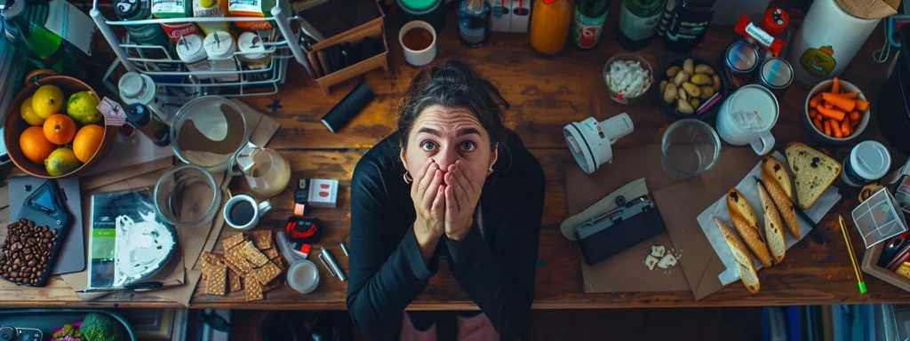 a focused urban workspace showcases a person surrounded by various caffeinated beverages, with a visibly tired expression and a cluttered desk featuring health-oriented snacks and self-care items, symbolizing the battle with caffeine cessation.