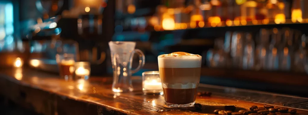 a meticulously arranged coffee bar showcases a perfectly crafted irish coffee, with a rich, creamy topping softly resting on vibrant espresso, illuminated by warm, ambient lighting that highlights the glassware and invites a sense of indulgence.