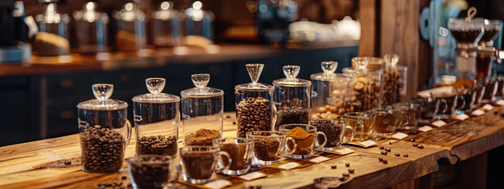 a meticulously arranged coffee tasting setup features an elegant wooden table showcasing a variety of premium coffee beans from africa and brazil, beautifully roasted blends in glass jars, and an artistic display of coffee cups highlighting distinct flavor notes like caramel and cream, all under warm, focused lighting to enhance the rich colors and textures.