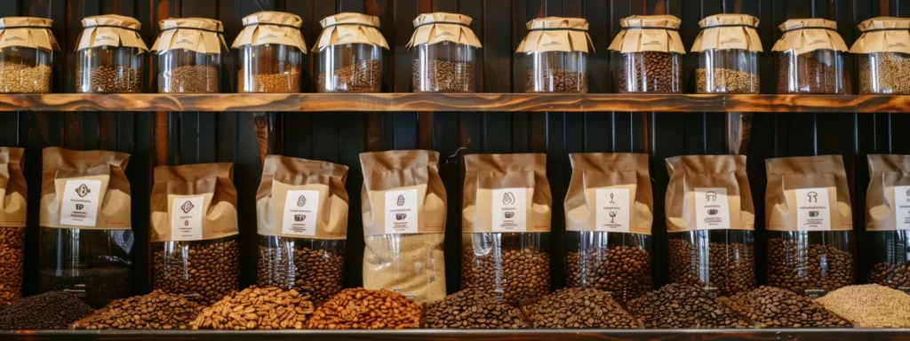 a modern, bustling specialty coffee shop featuring an inviting display of artisanal coffee beans, each bag elegantly labeled with origins and tasting notes, creating a vibrant atmosphere filled with the rich aroma of freshly brewed coffee.