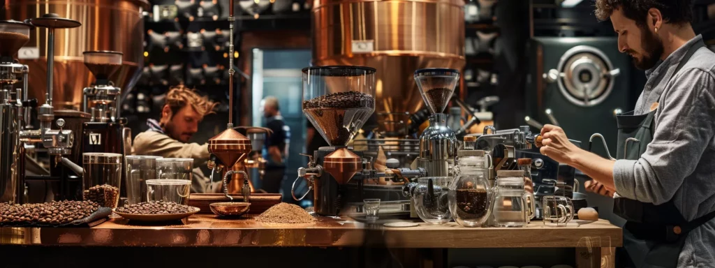 a modern coffee workshop scene features expert baristas skillfully crafting premium coffee blends, showcasing gleaming copper brewing equipment and meticulously arranged coffee beans from ethiopia and brazil, all under warm, focused lighting that highlights the artistry of high-scoring espresso and filter coffee.