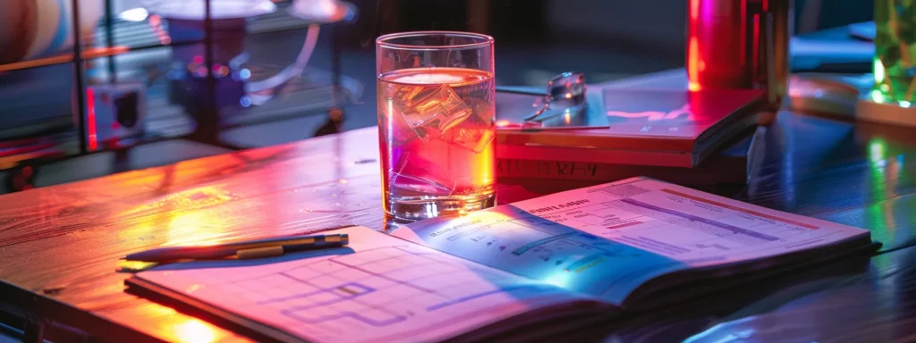 a modern office scene captures a sleek desk with a clear glass of water, a steaming cup of herbal tea, a colorful soft drink can, and an open notebook displaying a tapering schedule, all illuminated by warm, focused lighting to emphasize the theme of easing caffeine withdrawal.