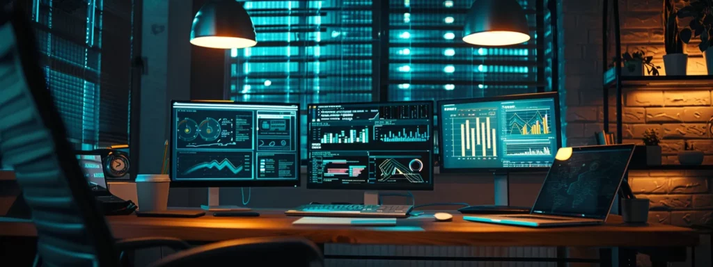 a modern office workspace features a sleek laptop with a carefully organized screen displaying vibrant title drafts and analytical graphs, illuminated by sharp overhead lighting that emphasizes the focus on optimizing seo visibility.