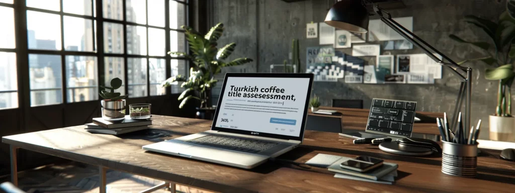 a modern, sleek office space features a well-organized desk with a laptop open to a document titled