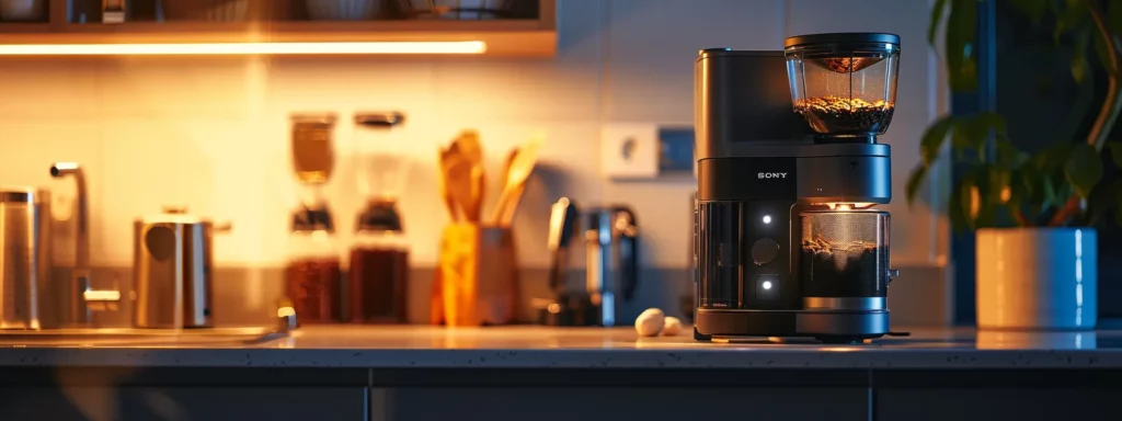 a polished coffee grinder sits on a sleek kitchen countertop, illuminated by warm, focused lighting, surrounded by essential cleaning tools and freshly roasted coffee beans, emphasizing the artistry of maintaining coffee equipment for optimal brewing.