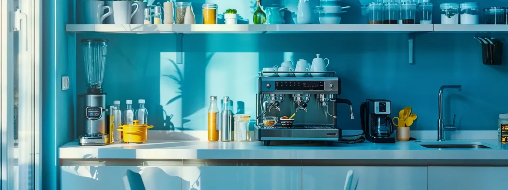 a polished kitchen countertop features a gleaming coffee machine surrounded by neatly organized cleaning supplies, emphasizing a vibrant, efficient space dedicated to coffee maintenance and care.