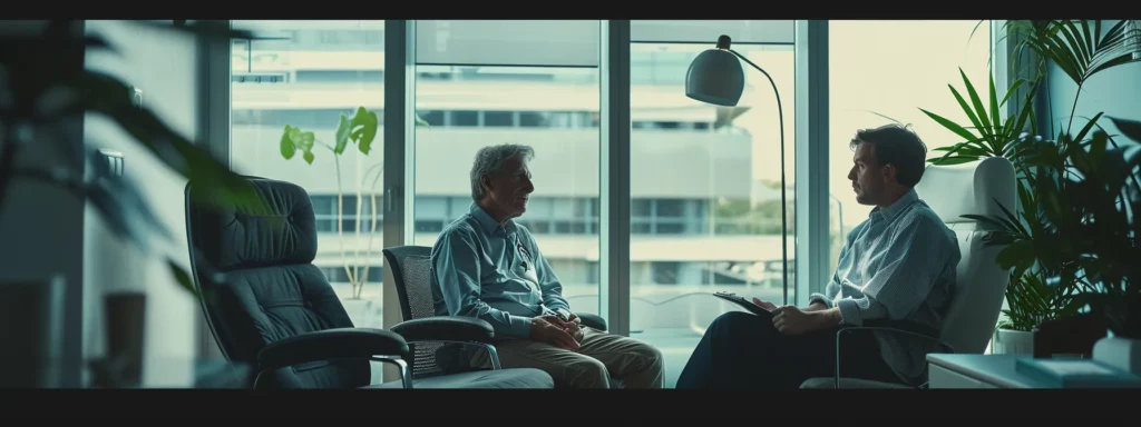 a professional, somber healthcare consultation scene featuring a concerned patient seated in an modern office, discussing caffeine withdrawal symptoms with a doctor who is reviewing a detailed medical report.