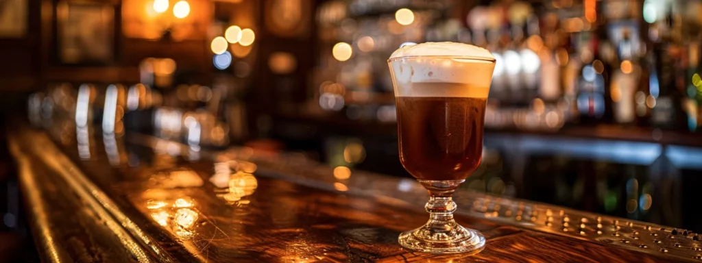 a rich, steaming glass of irish coffee, topped with a frothy layer of cream, is elegantly presented on a polished wooden bar, surrounded by warm, dim lighting that enhances the cozy ambiance of a lively pub setting.