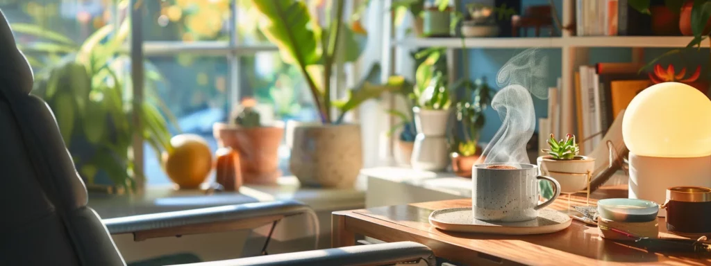 a serene, modern office space features a tranquil corner with a steaming cup of herbal tea on a sleek desk, surrounded by vibrant energy-supporting food items and a cozy lounge chair inviting relaxation and gentle physical activity during a caffeine detox journey.