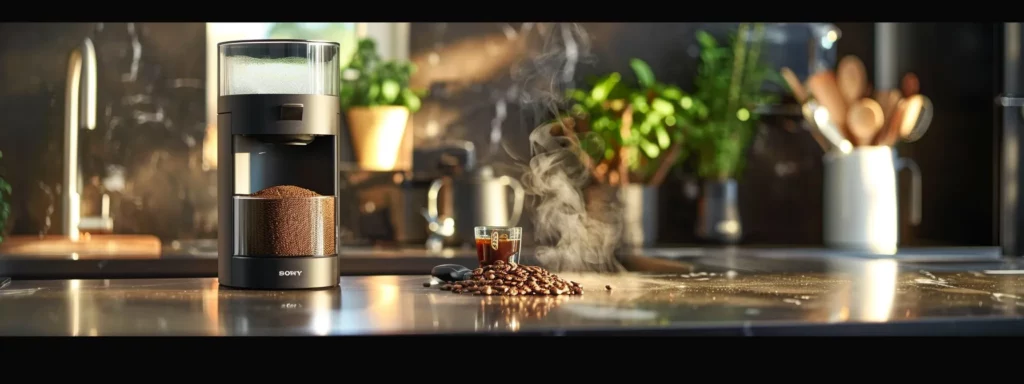 a sleek and modern home coffee grinder sits on a polished kitchen countertop, showcasing freshly ground coffee beans and steam rising from a nearby brewing cup, all illuminated by warm, inviting kitchen lighting to highlight the importance of quality and precision in coffee preparation.