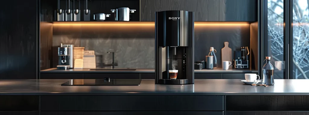 a sleek coffee machine sits prominently on a polished countertop in a modern kitchen, surrounded by neatly organized cleaning supplies and accessories, emphasizing the importance of maintenance for brewing the perfect cup of coffee.