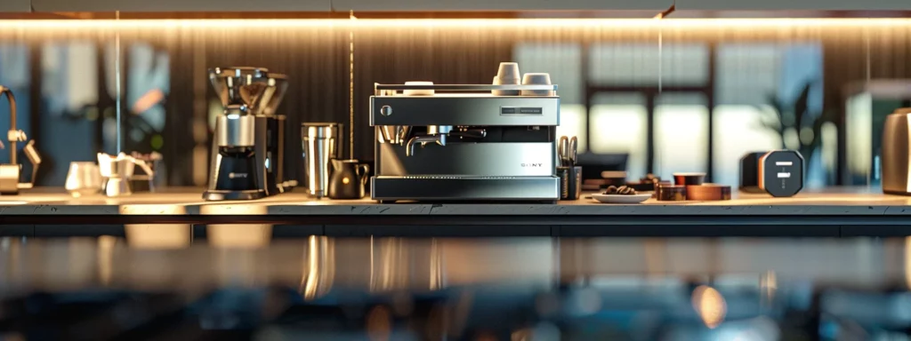 a sleek, high-tech coffee machine sits prominently on a modern office countertop, surrounded by stainless steel appliances and minimalist decor, casting sharp reflections in the ambient artificial lighting.