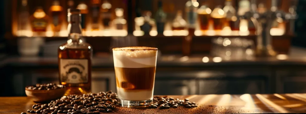 a sleek, modern bar scene showcases a expertly crafted irish coffee in a stylish glass, featuring rich layers of dark coffee and creamy foam, with a bottle of smooth irish whiskey and freshly roasted coffee beans elegantly arranged nearby, illuminated by warm, inviting light.