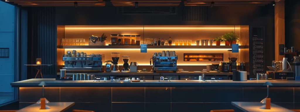 a sleek, modern coffee bar, illuminated by warm overhead lights, showcases an array of brewing methods including a french press, drip coffee machine, and a cold brew setup, each labeled with vibrant tags denoting their caffeine content, creating an inviting atmosphere for coffee enthusiasts to explore.