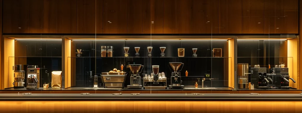 a sleek, modern coffee bar features an array of diverse coffee bean varieties, precision grinders, and brewing equipment, illuminated by warm ambient lighting that highlights the intricate details of each roasting method and grind size, emphasizing the science behind optimizing caffeine content.