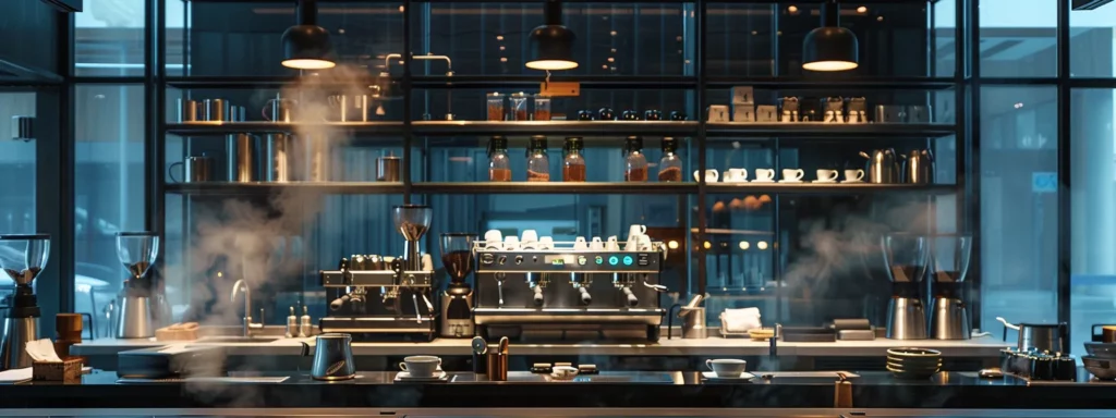 a sleek, modern coffee brewing station showcases an array of high-end equipment, with precise scales, elegant pour-over setups, and a gleaming espresso machine, all illuminated by warm, ambient lighting that highlights steaming cups of meticulously crafted coffee.
