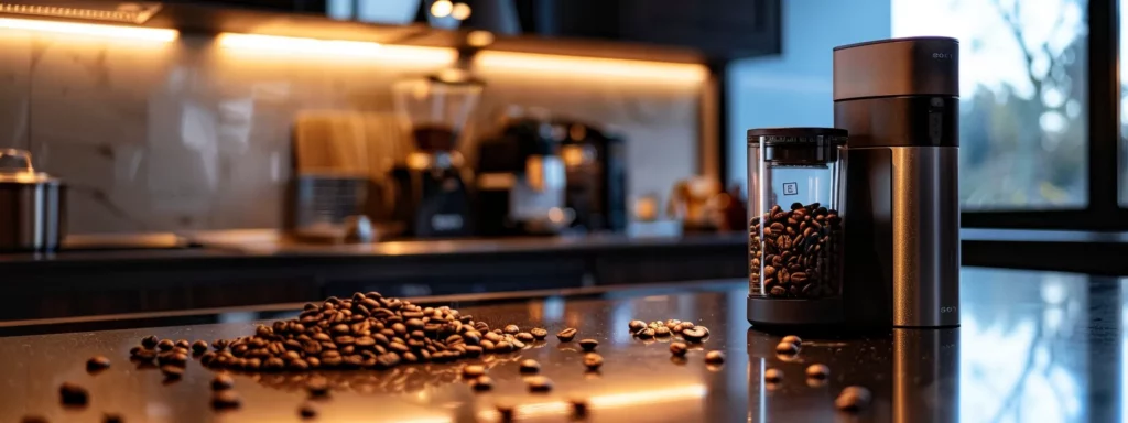 a sleek, modern coffee grinder gleams on a polished kitchen countertop, surrounded by rich coffee beans that reflect warm, ambient lighting, emphasizing the artistry of coffee preparation.